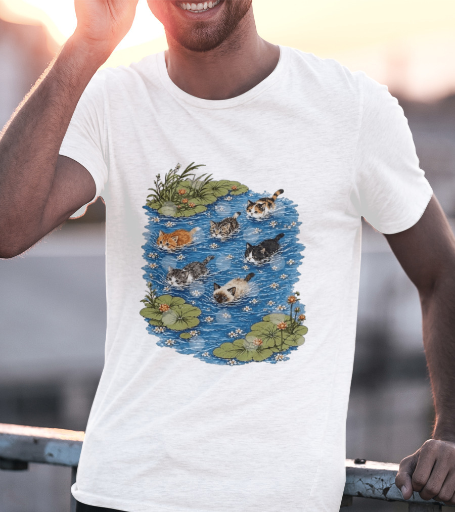 Kittens Swimming Among Water Lilies In Pond Scene T-Shirt