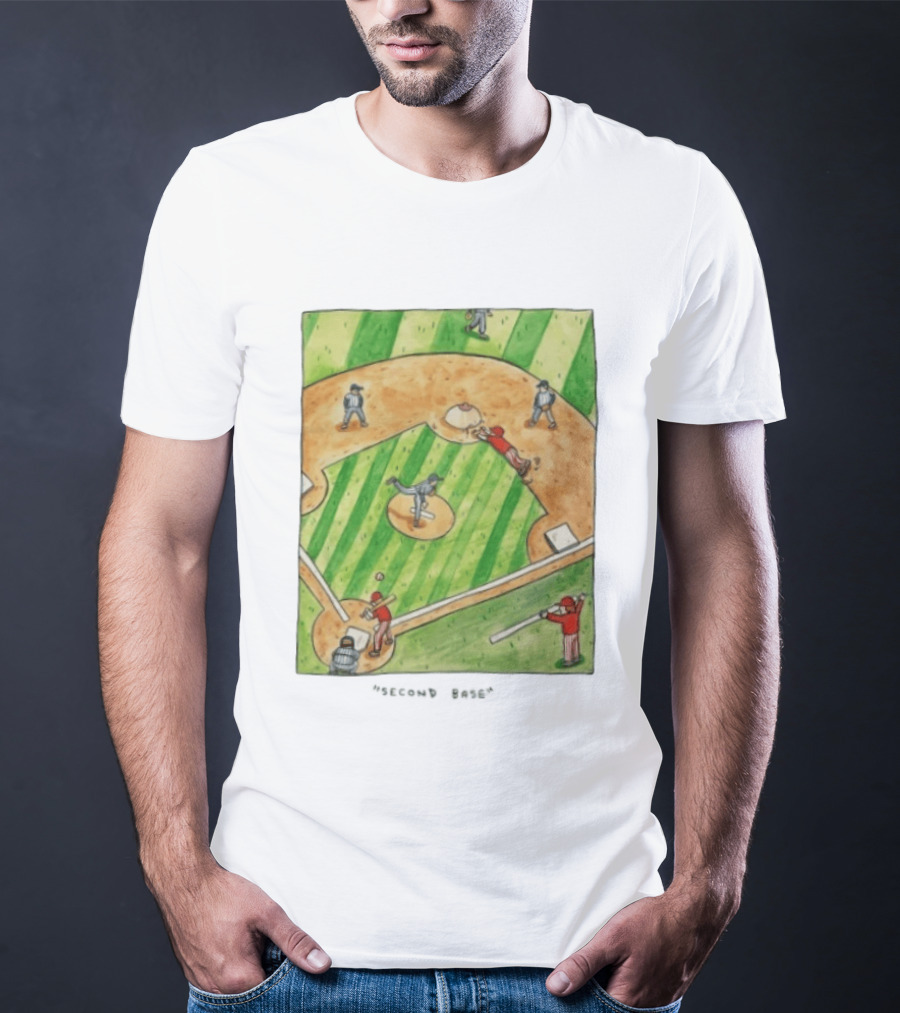 Second Base Baseball Cartoon Humor Action Play Scene T-Shirt
