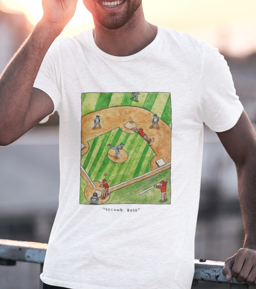 Second Base Baseball Cartoon Humor Action Play Scene T-Shirt