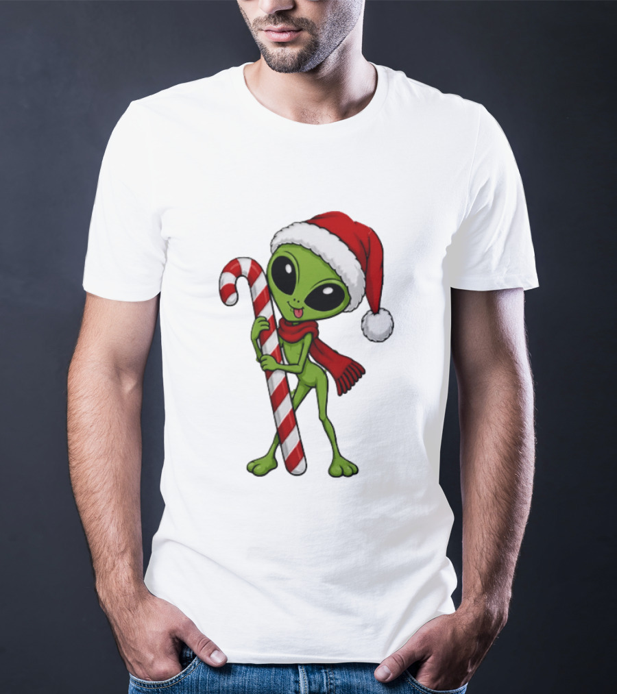Green Santa Hat Alien With Red Scarf Holding Candy Cane Christmas T-Shirt
