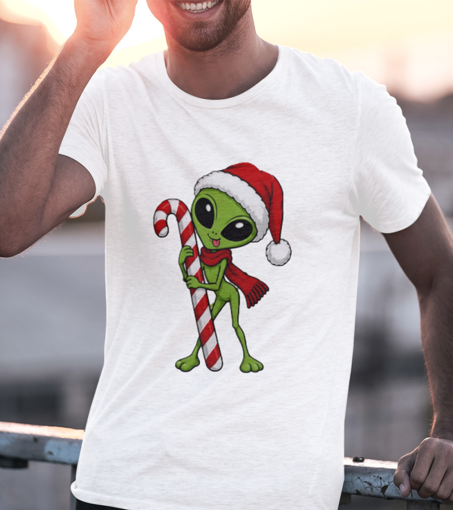 Green Santa Hat Alien With Red Scarf Holding Candy Cane Christmas T-Shirt