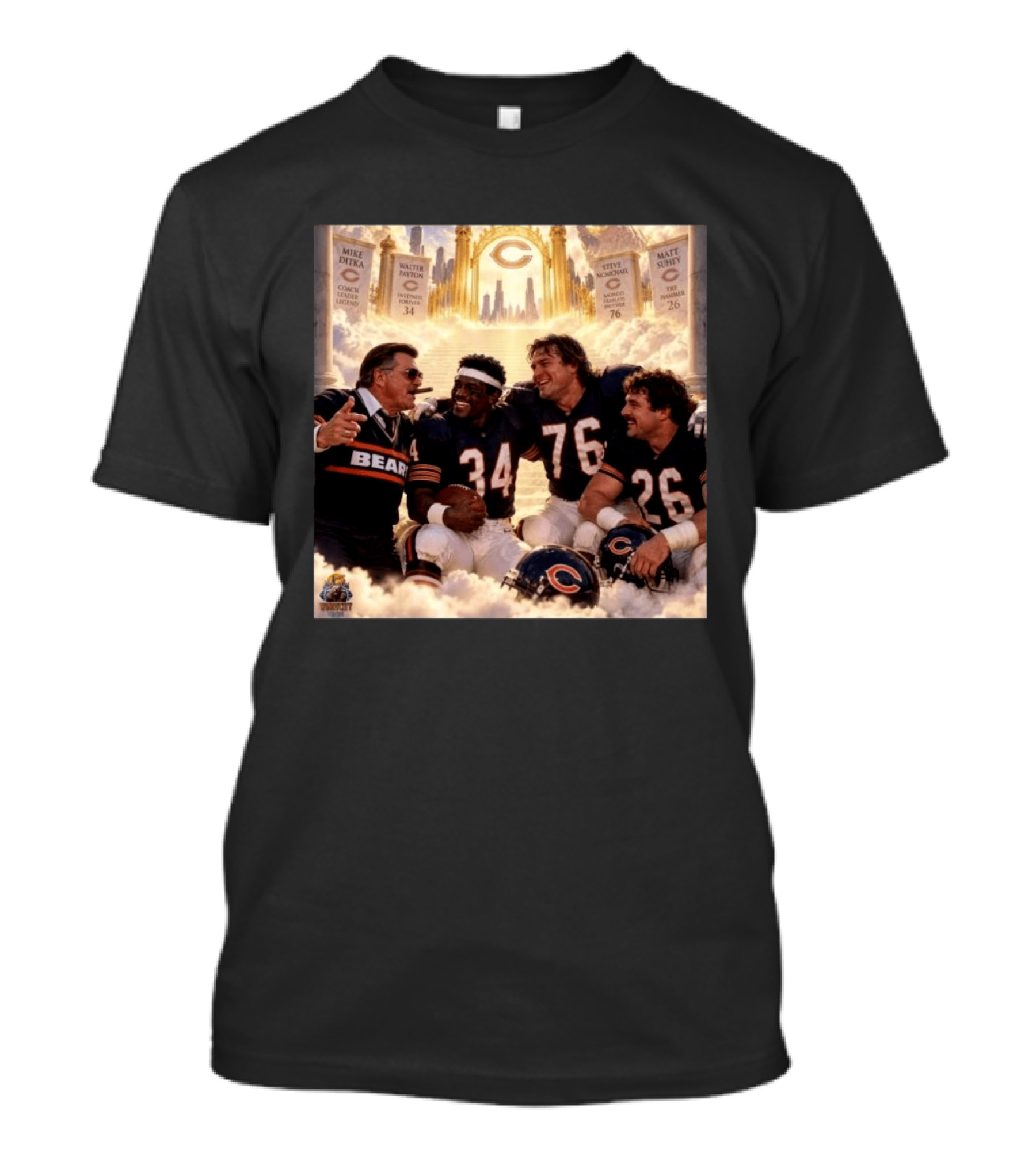 Mike Ditka Walter Payton Steve McMichael Matt Suhey Chicago Legends Reunion In Heaven 34 76 26 T-Shirt