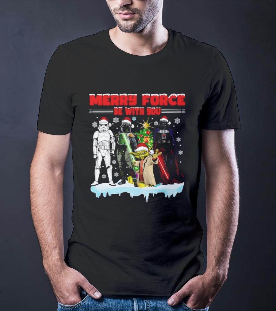 Star Wars Merry Force Be With You Christmas Characters Stormtrooper Yoda Darth Vader Santa Hats T-Shirt
