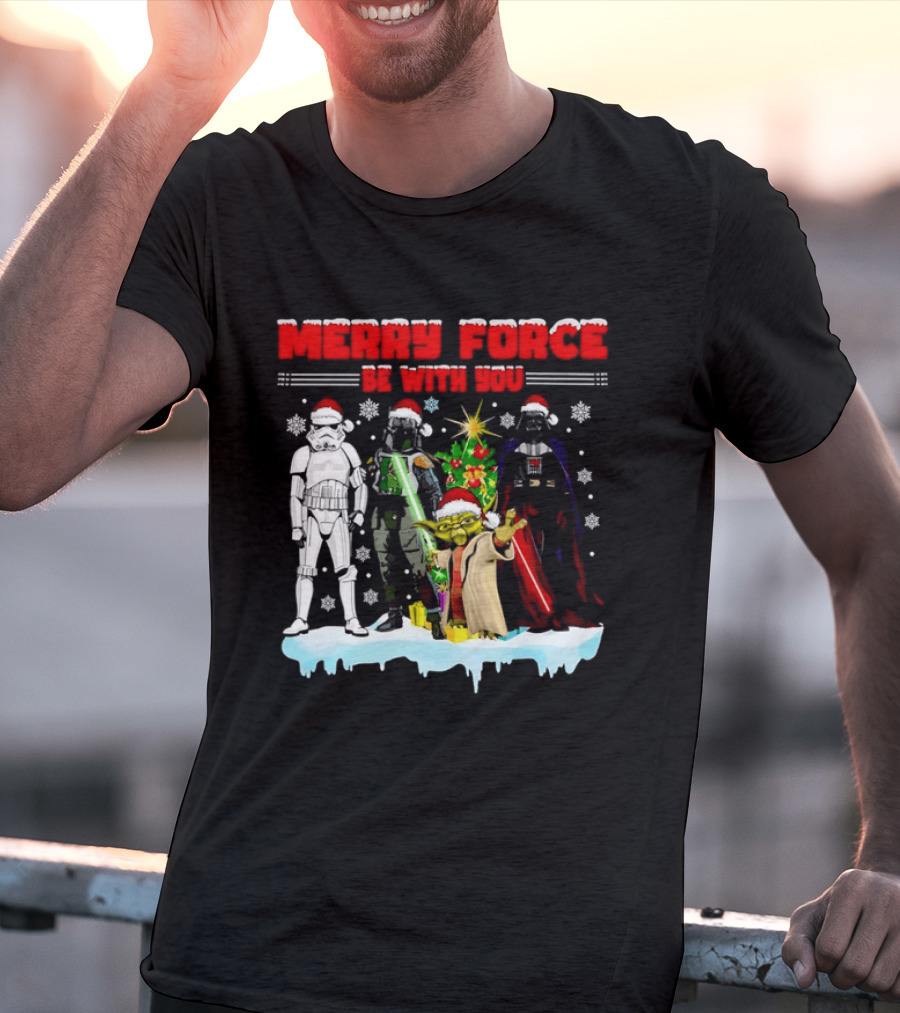 Star Wars Merry Force Be With You Christmas Characters Stormtrooper Yoda Darth Vader Santa Hats T-Shirt