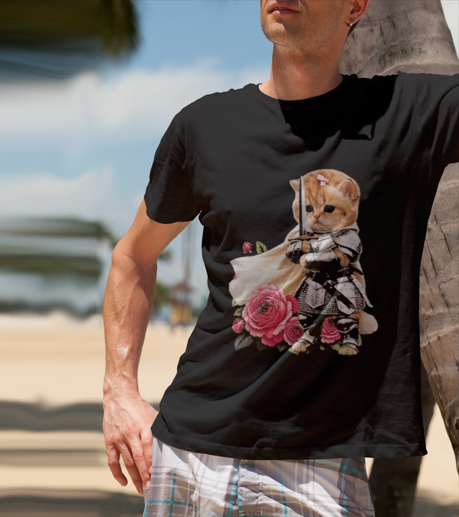 Knight Cat Holding Sword With Roses T-Shirt
