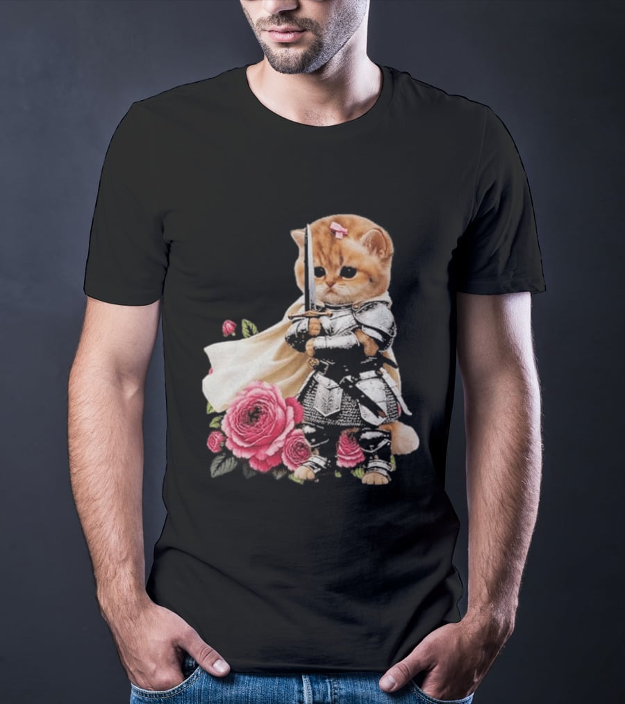Knight Cat Holding Sword With Roses T-Shirt
