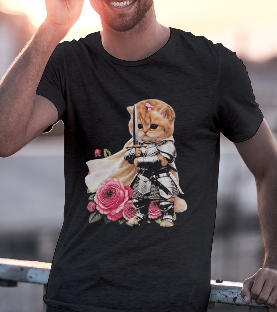 Knight Cat Holding Sword With Roses T-Shirt