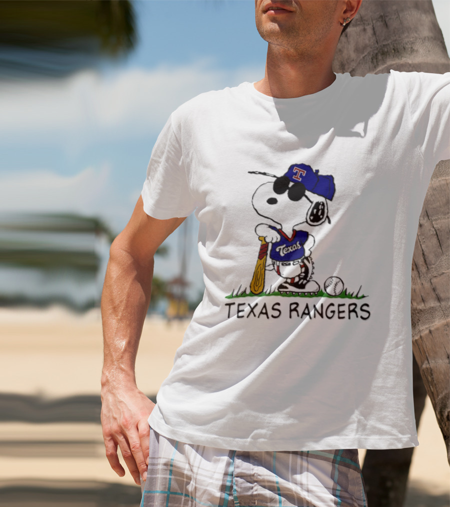 Snoopy Texas Rangers MLB Baseball Uniform With Sunglasses And Bat T-Shirt
