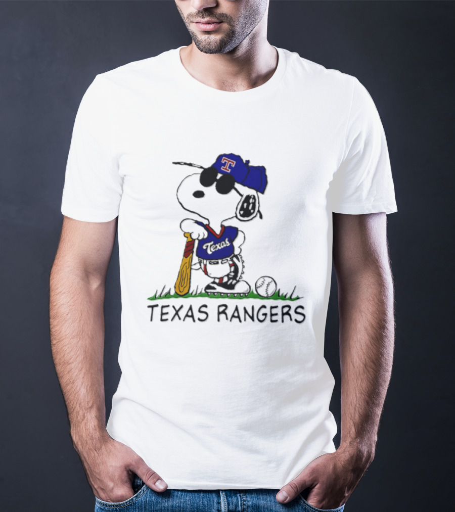 Snoopy Texas Rangers MLB Baseball Uniform With Sunglasses And Bat T-Shirt