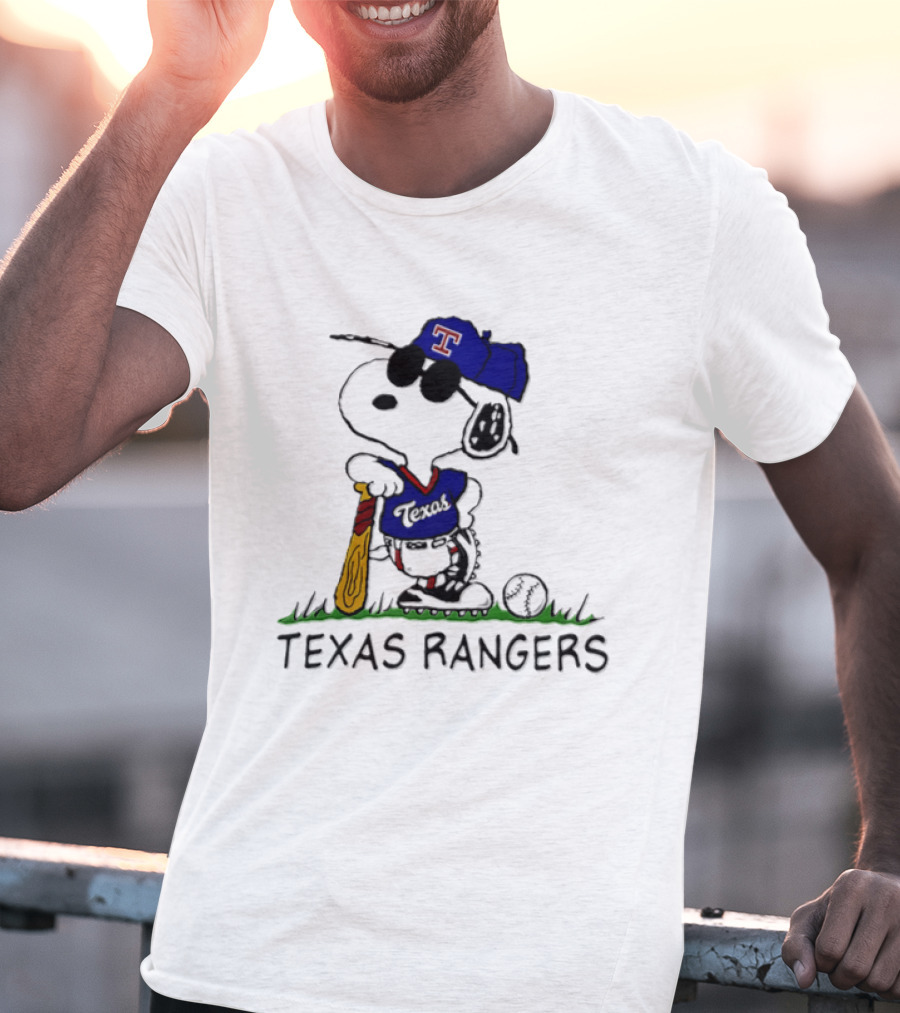 Snoopy Texas Rangers MLB Baseball Uniform With Sunglasses And Bat T-Shirt