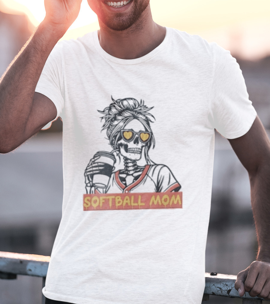 Softball MOM Skeleton Messy Bun Heart Sunglasses Coffee T-Shirt