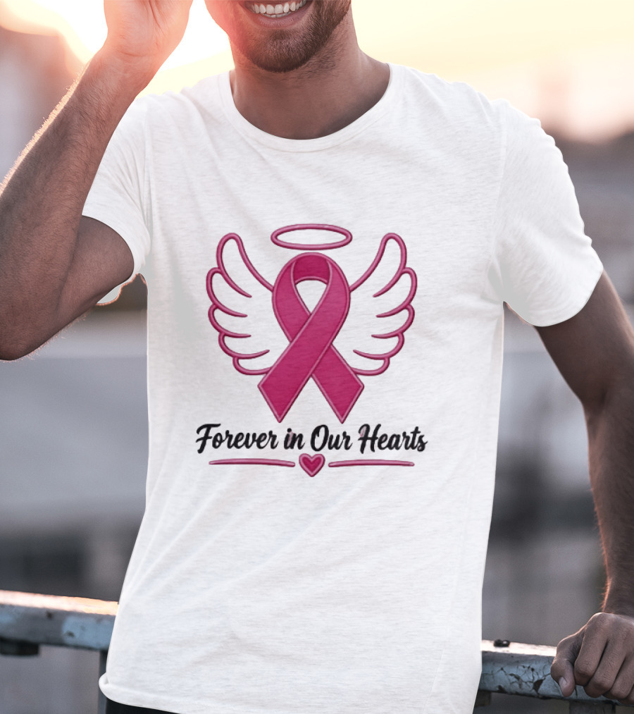 Forever In Our Hearts Breast Cancer Awareness Angel Ribbon T-Shirt