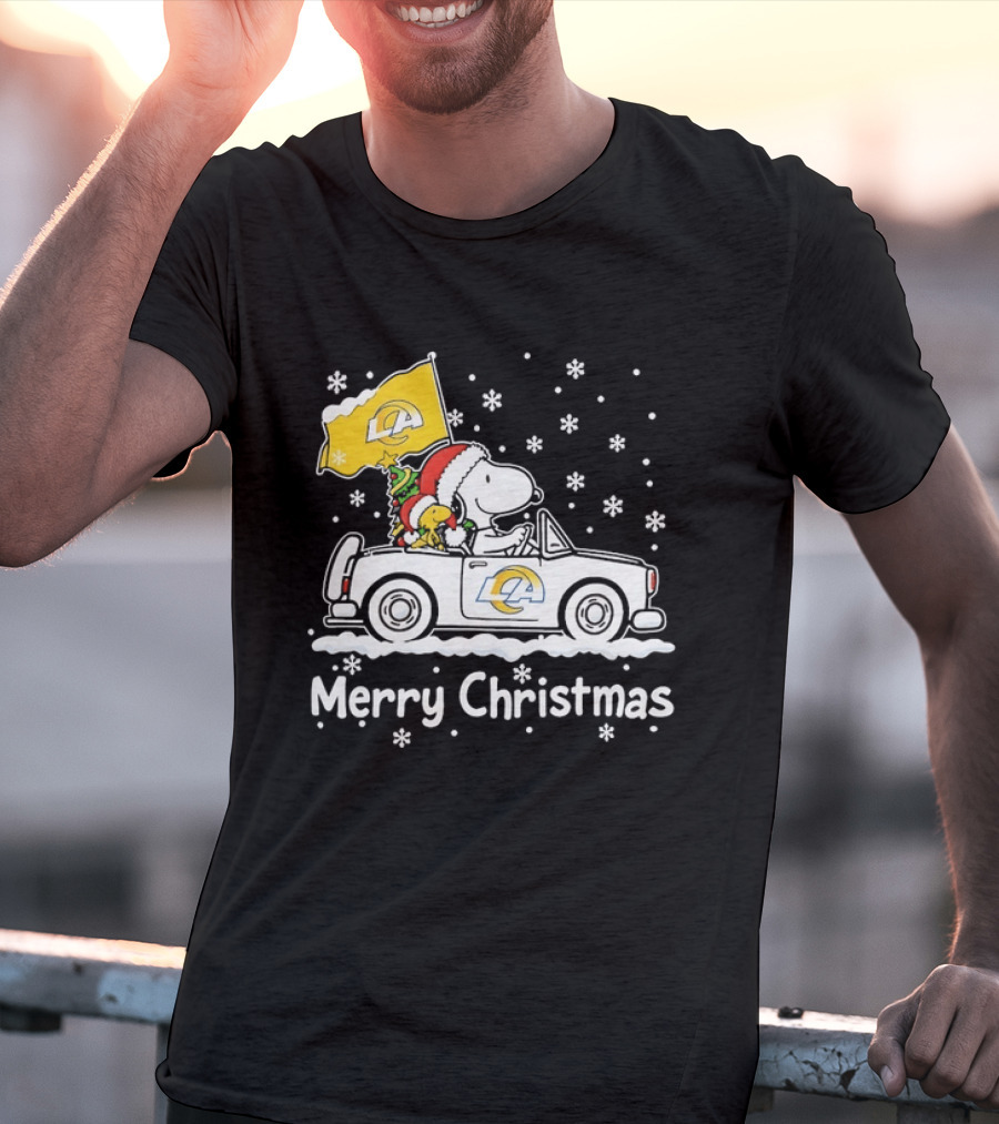 Los Angeles Rams Snoopy Woodstock Merry Christmas Car Holiday T-Shirt