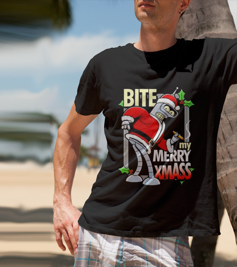Bender Bite My Merry Xmass Futurama Santa Cigarette Hollys T-Shirt