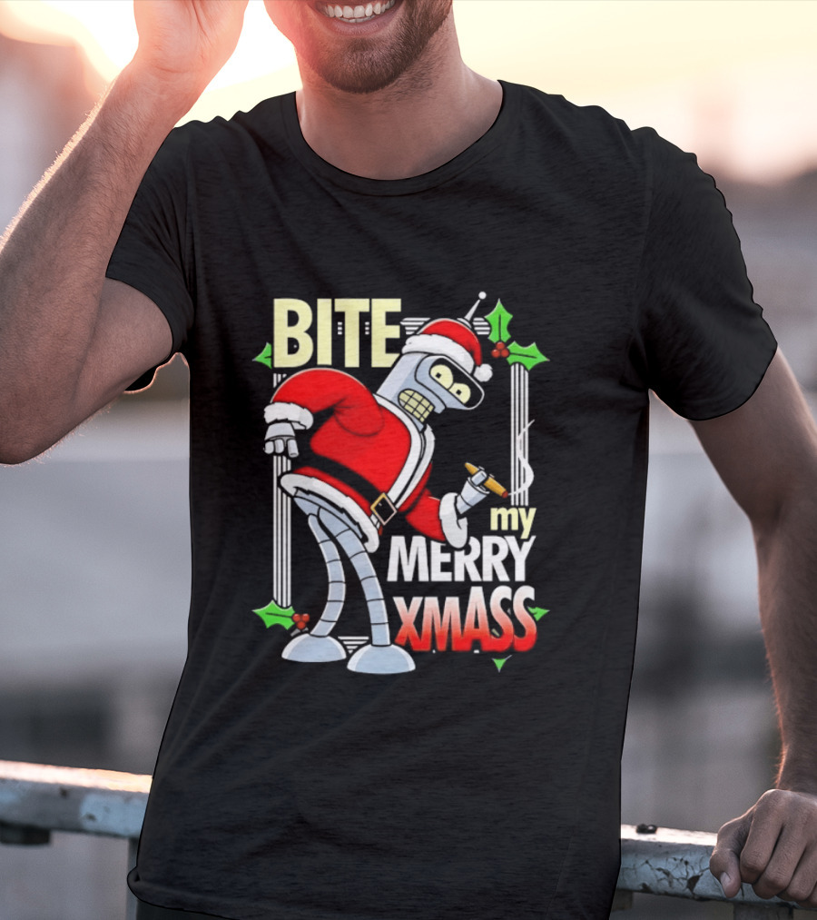 Bender Bite My Merry Xmass Futurama Santa Cigarette Hollys T-Shirt