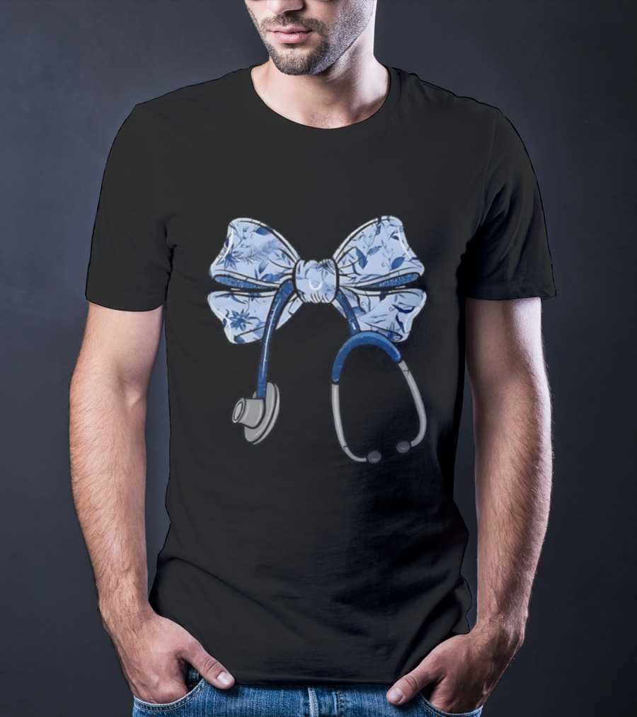 Blessed Are The Healers Matthew Stethoscope Blue Floral Bow T-Shirt