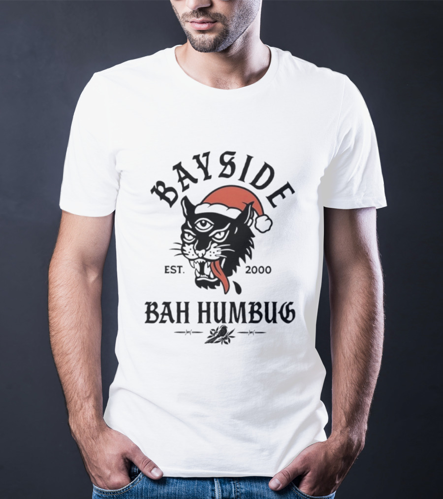 Bayside Est 2000 Bah Humbug Christmas Panther Santa Hat T-Shirt