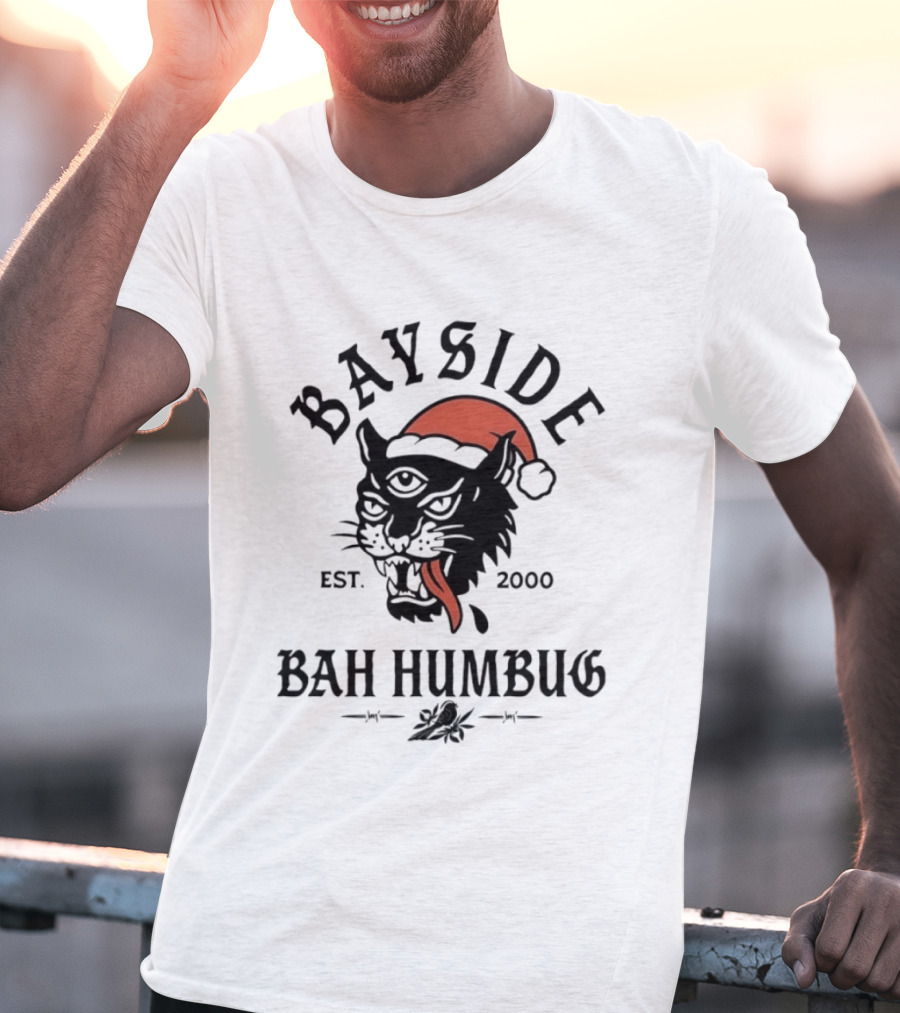 Bayside Est 2000 Bah Humbug Christmas Panther Santa Hat T-Shirt