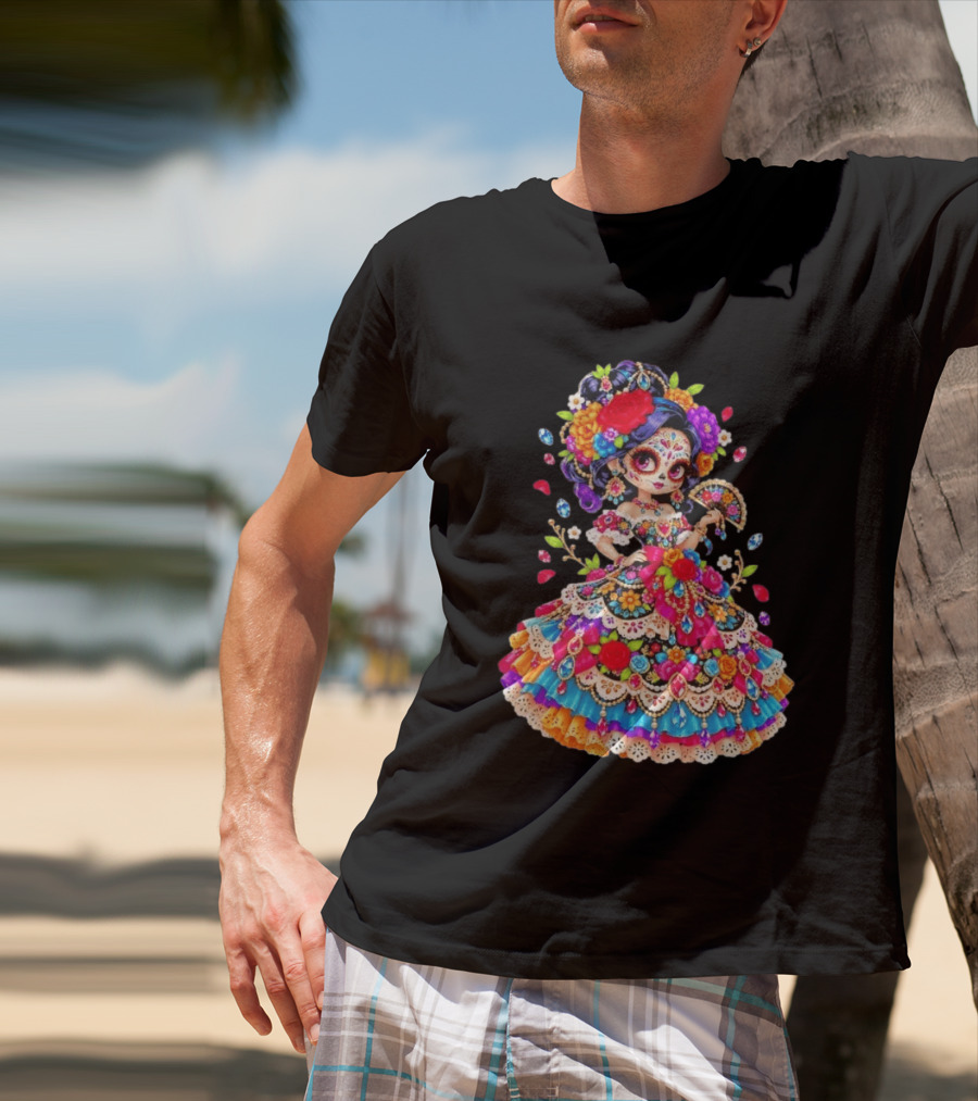 Day Of The Dead Catrina Girl Floral Dress Colorful Sugar Skull T-Shirt