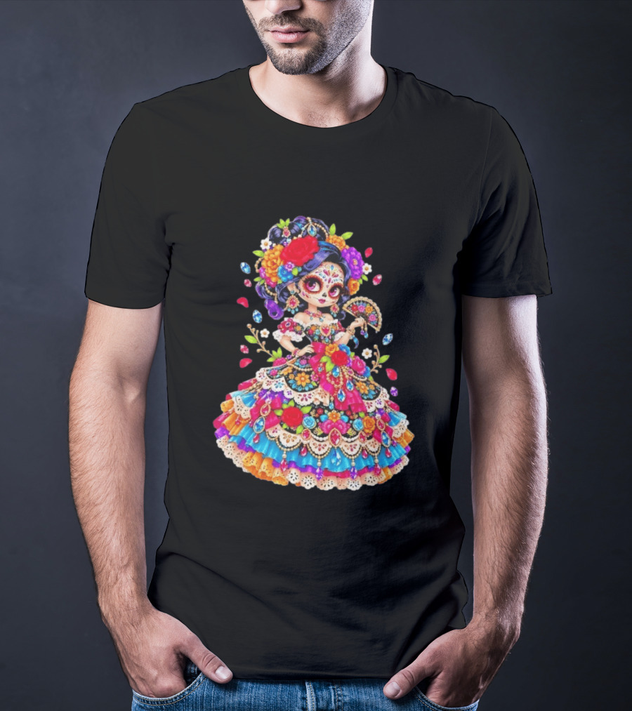 Day Of The Dead Catrina Girl Floral Dress Colorful Sugar Skull T-Shirt