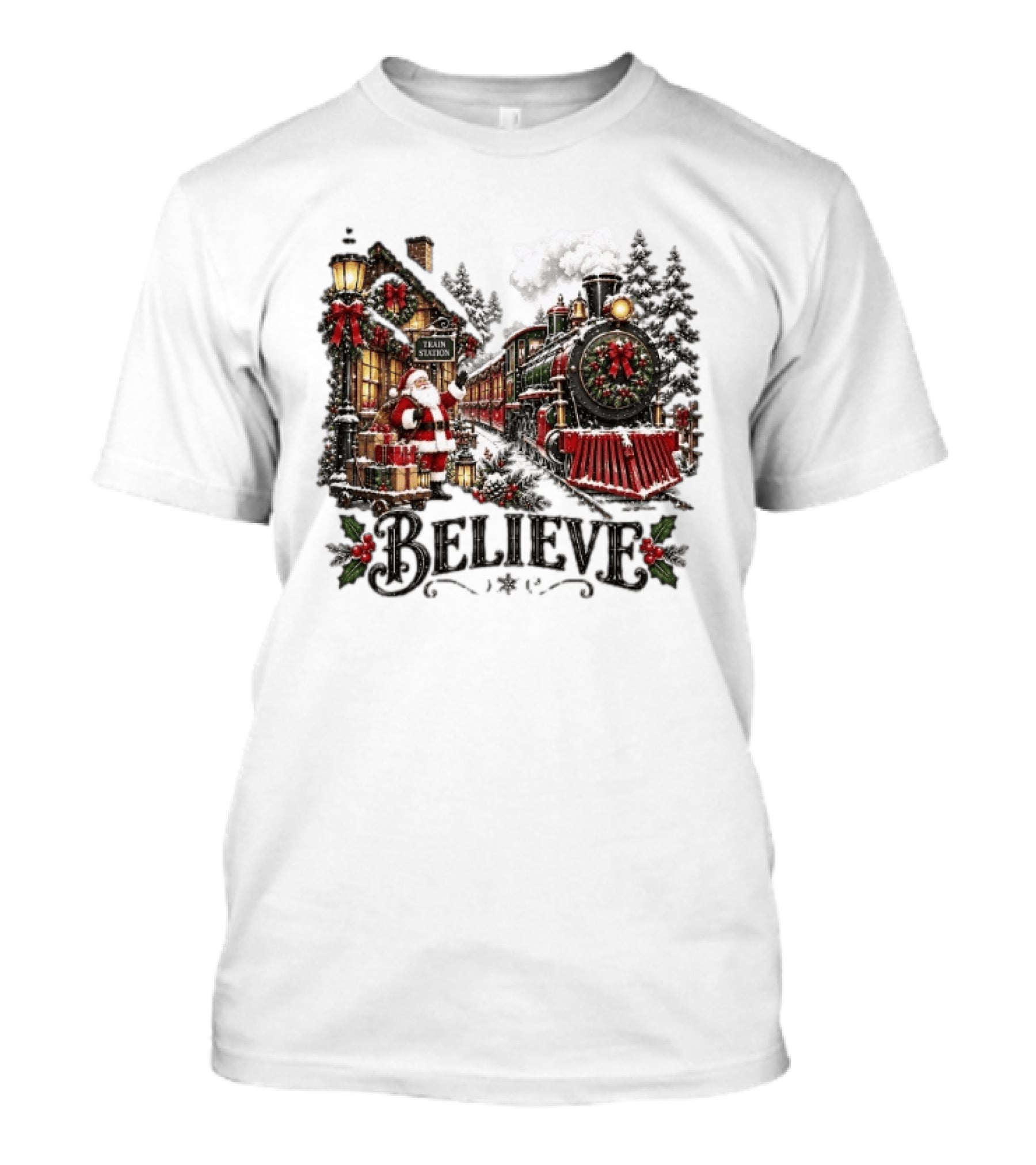 Believe Santa Claus At The Christmas Train Station With Snowy Locomotive Ornaments T-Shirt