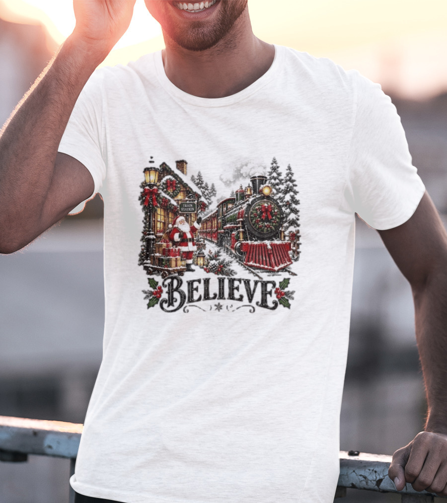 Believe Santa Claus At The Christmas Train Station With Snowy Locomotive Ornaments T-Shirt