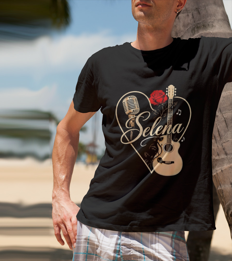 Selena Heart With Rose Microphone Guitar Music Notes T-Shirt