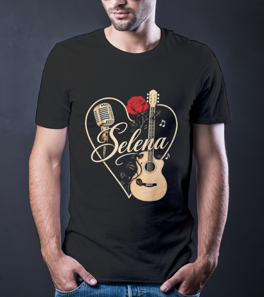 Selena Heart With Rose Microphone Guitar Music Notes T-Shirt