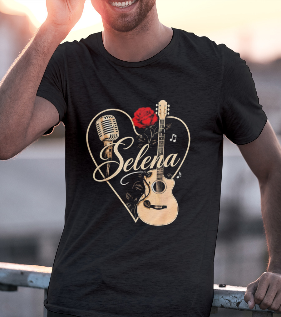 Selena Heart With Rose Microphone Guitar Music Notes T-Shirt
