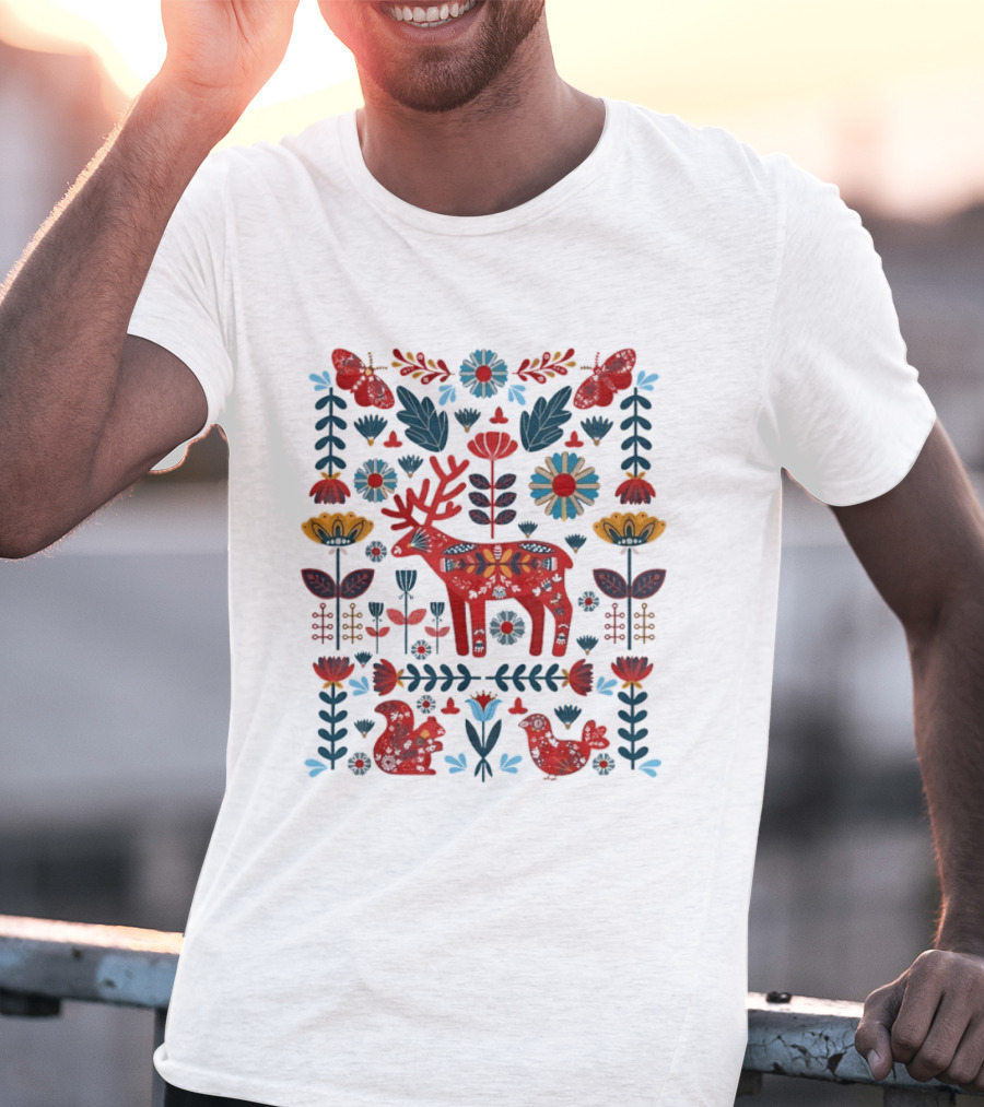 Scandinavian Folk Art Reindeer Forest Animals Flowers And Nature Wildlife T-Shirt