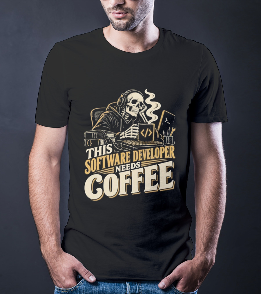This Software Developer Needs Coffee Coding Skeleton T-Shirt