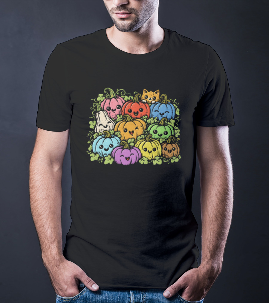 Halloween Cute Colorful Pumpkins And Gourds With Orange Cat T-Shirt
