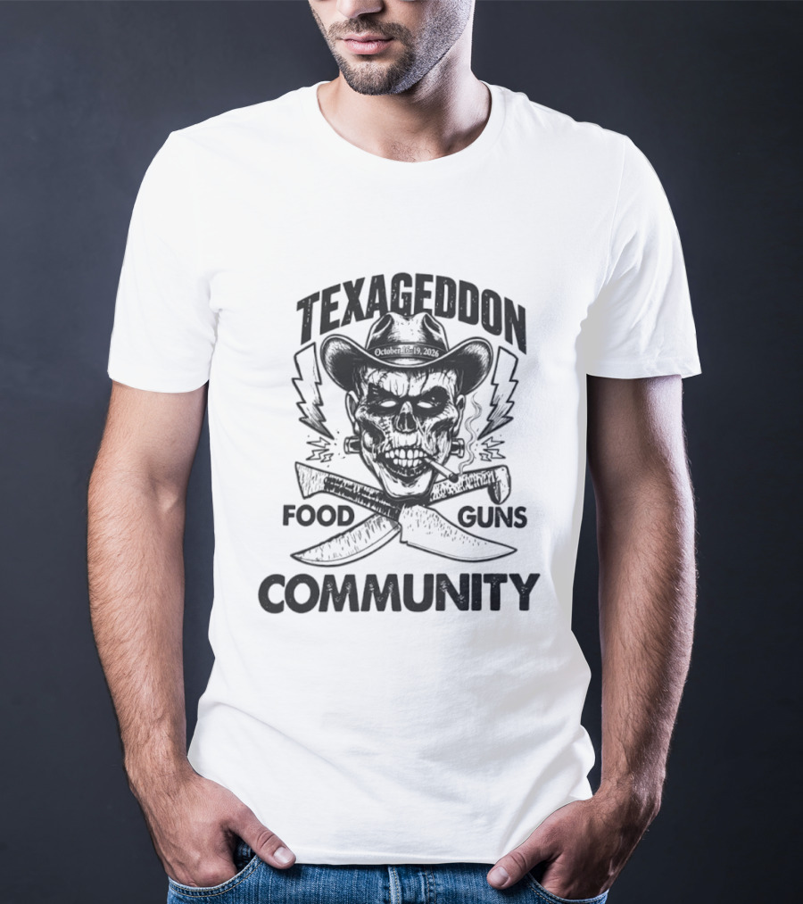 Texageddon October 16 19 2026 Skull Cowboy Knives Guns Lightning Community T-Shirt
