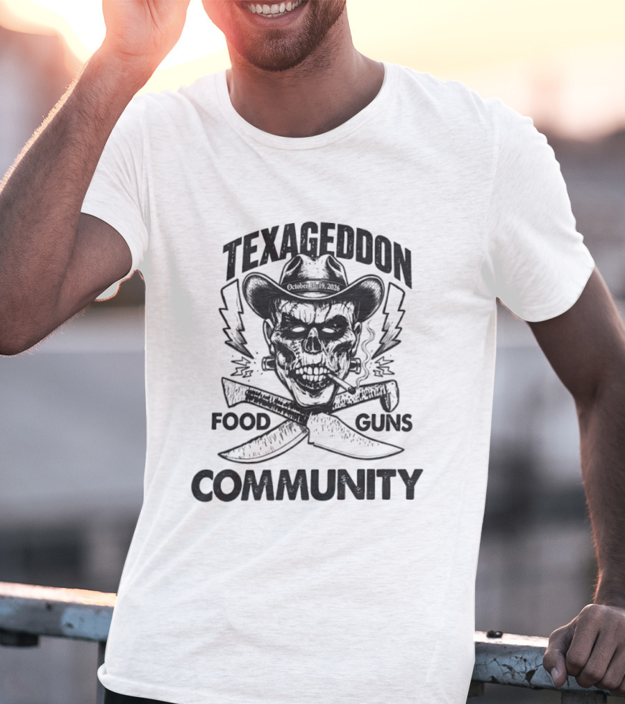 Texageddon October 16 19 2026 Skull Cowboy Knives Guns Lightning Community T-Shirt