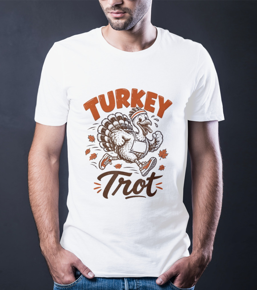 Turkey Trot Running Thanksgiving Holiday Turkey With Headband And Falling Leaves T-Shirt