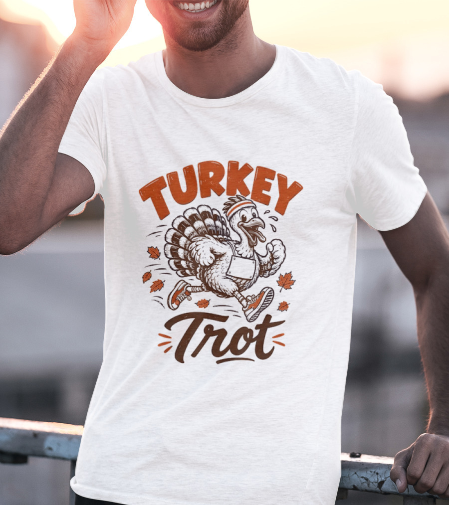 Turkey Trot Running Thanksgiving Holiday Turkey With Headband And Falling Leaves T-Shirt