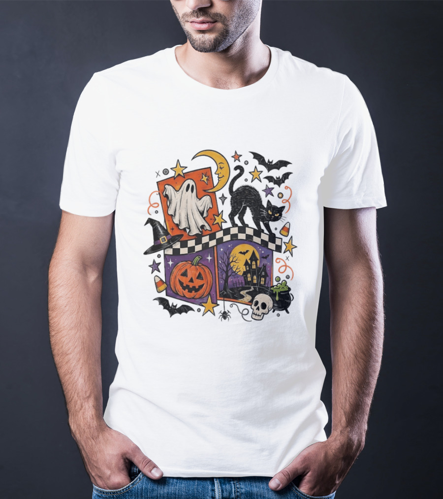 Halloween Ghost Cat Moon Pumpkin Witch Hat Skull Scene T-Shirt