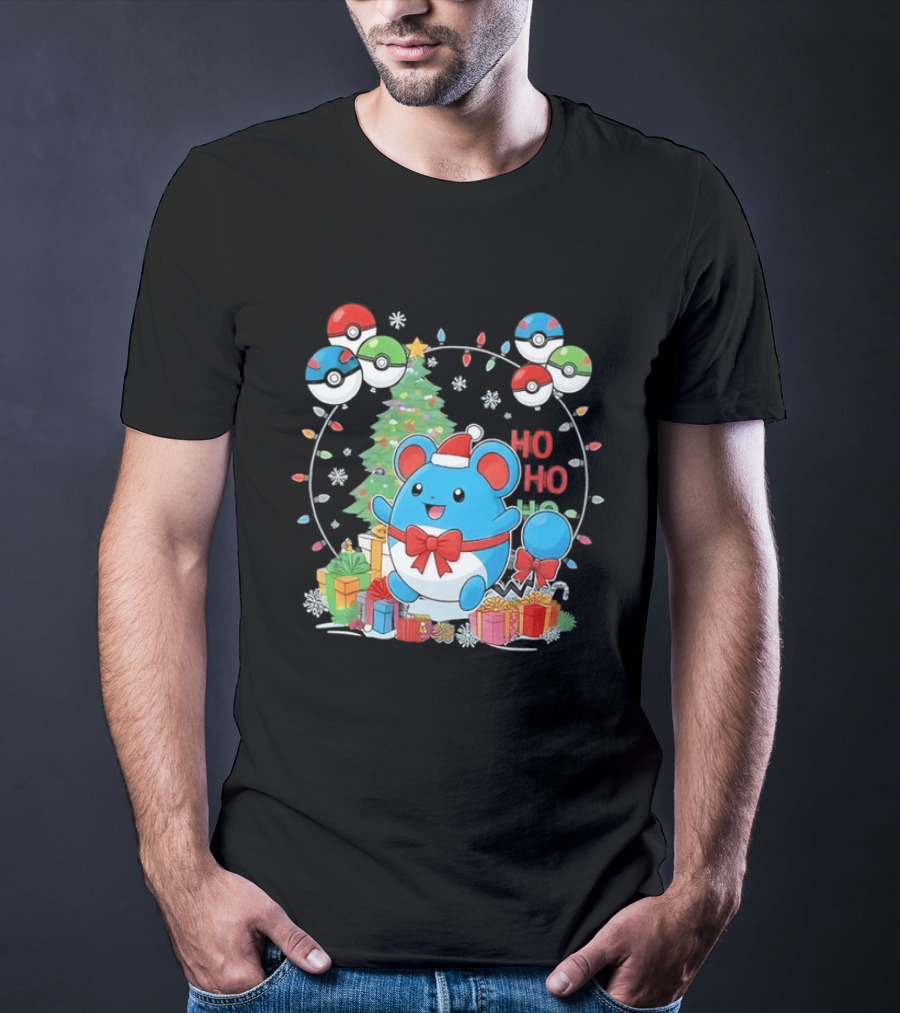 Marill Pokemon Christmas Ho Ho Ho Holiday Pokeballs Snowflakes Presents T-Shirt