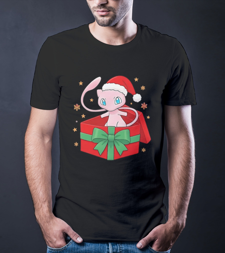Mew Christmas Gift Box Pokemon Holiday Santa Hat Festive T-Shirt