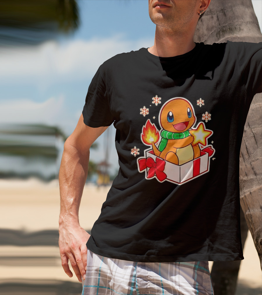 Charmander Holding Star In Christmas Gift Box With Snowflakes And Green Scarf T-Shirt