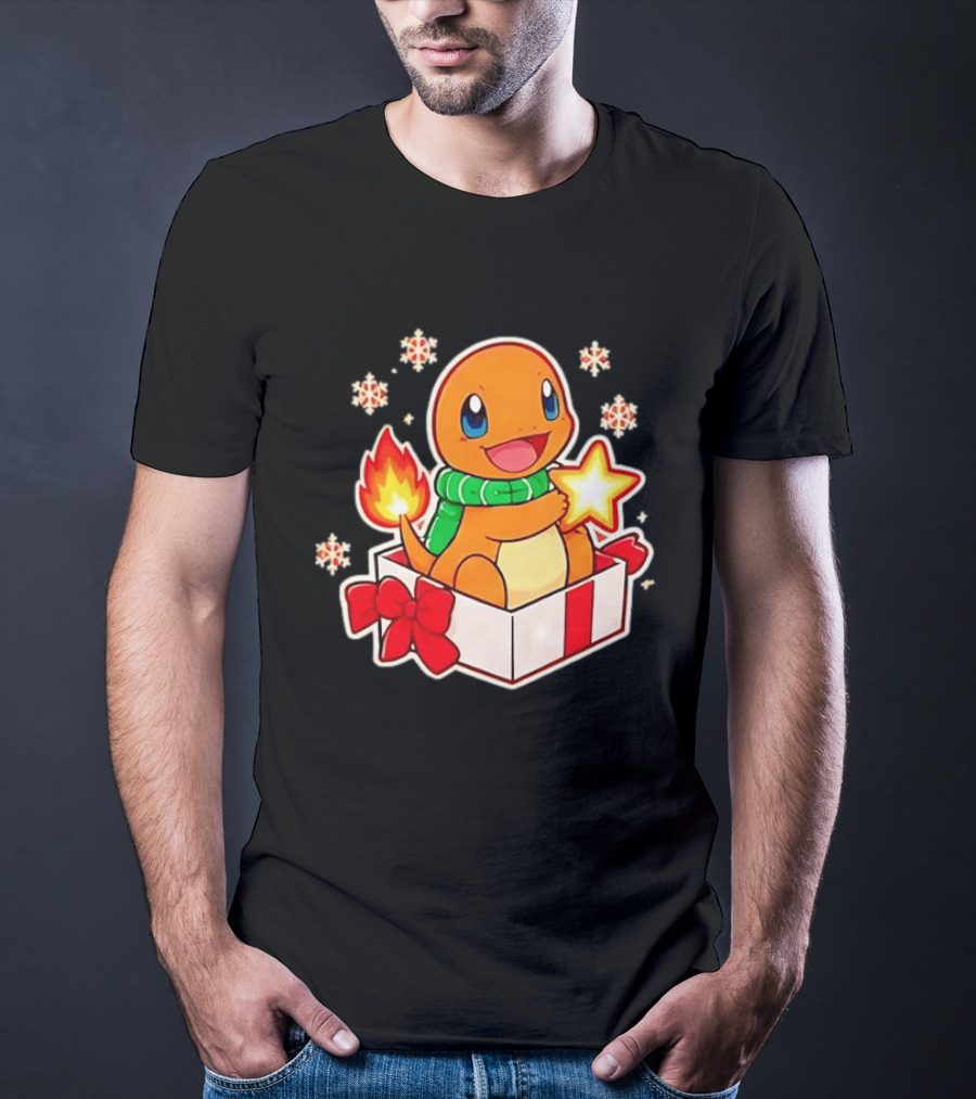 Charmander Holding Star In Christmas Gift Box With Snowflakes And Green Scarf T-Shirt