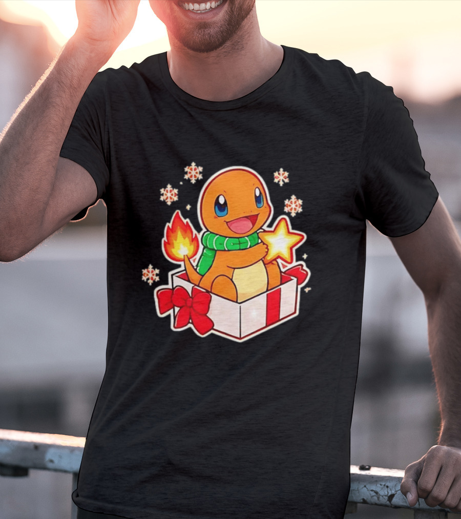 Charmander Holding Star In Christmas Gift Box With Snowflakes And Green Scarf T-Shirt