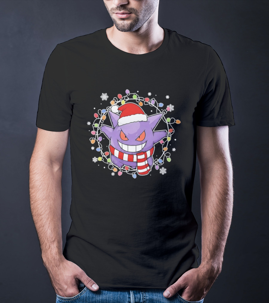 Gengar Christmas Lights Holiday Festive Santa Hat And Scarf T-Shirt
