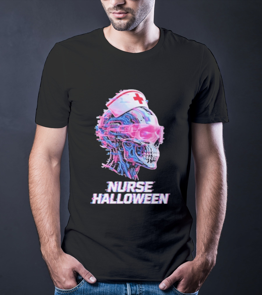 Nurse Halloween Cybernetic Skull Glitch Futuristic Nurse Cap And Neon Skull T-Shirt