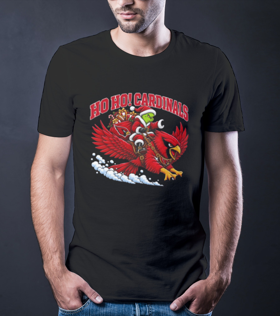 HO HO Cardinals Grinch Christmas Football Arizona Riding Sleigh T-Shirt