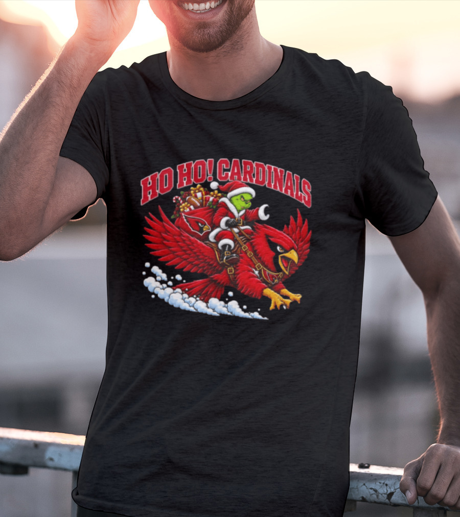 HO HO Cardinals Grinch Christmas Football Arizona Riding Sleigh T-Shirt