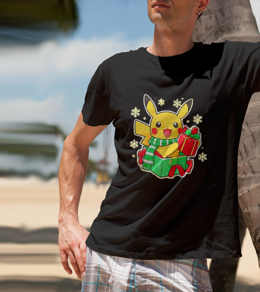 Pikachu Christmas Scarf With Gift Box Pokemon Holiday T-Shirt