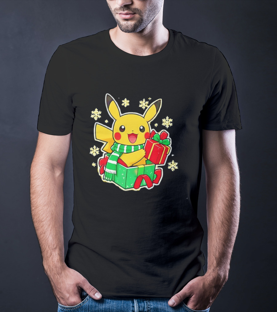 Pikachu Christmas Scarf With Gift Box Pokemon Holiday T-Shirt