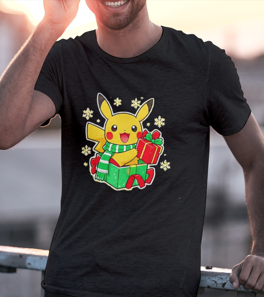 Pikachu Christmas Scarf With Gift Box Pokemon Holiday T-Shirt