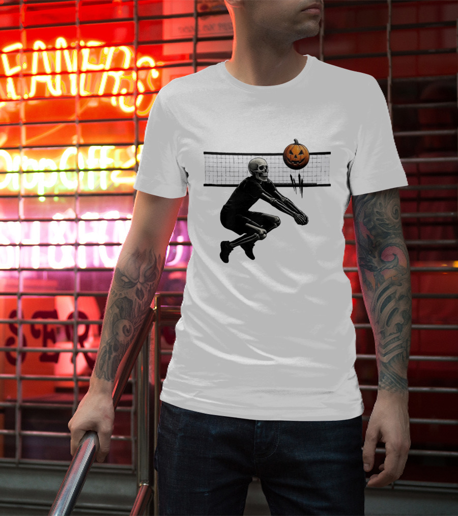 Bump Or Treat Halloween Volleyball Skeleton Pumpkin Spike T-Shirt